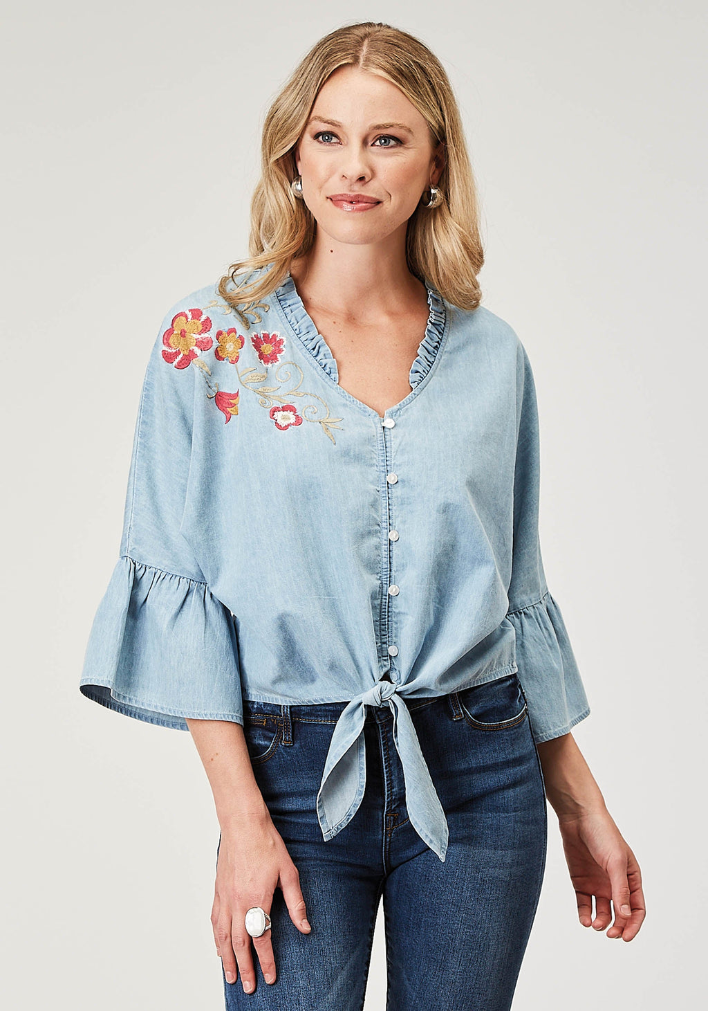 Womens Long Sleeve Button Light Blue Cotton Denim Blousen Western Shirt Wit