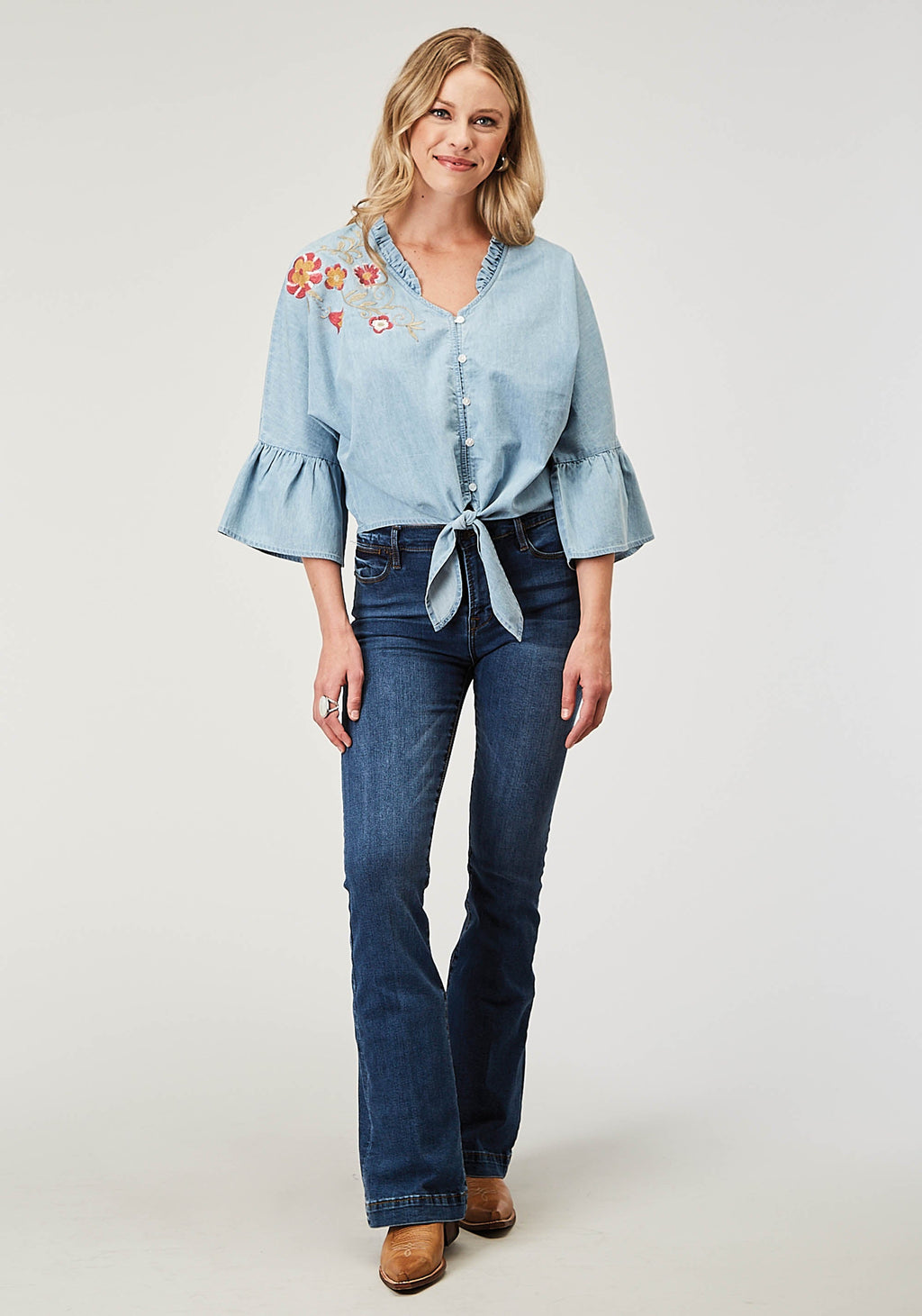 Womens Long Sleeve Button Light Blue Cotton Denim Blousen Western Shirt Wit
