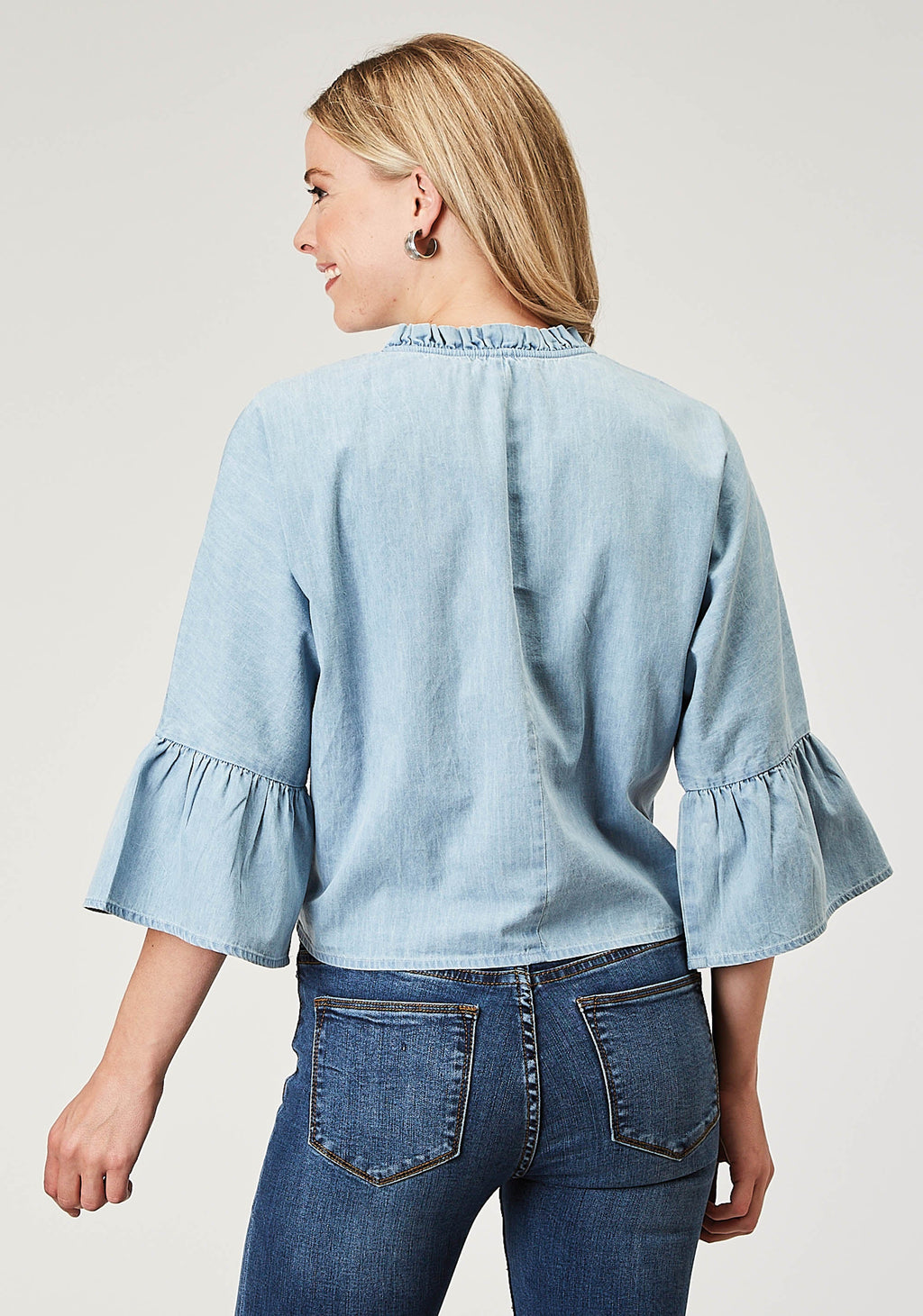 Womens Long Sleeve Button Light Blue Cotton Denim Blousen Western Shirt Wit