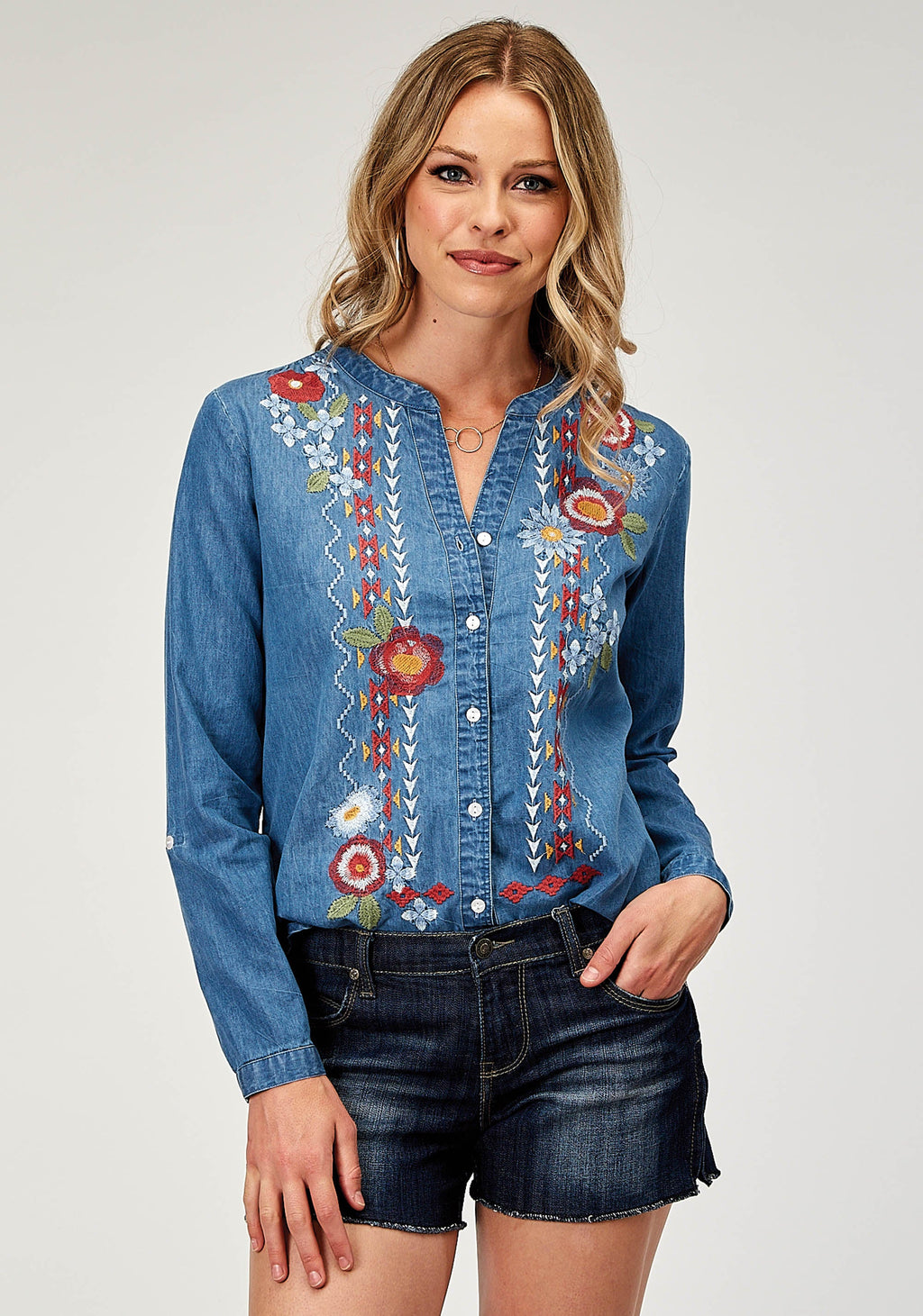 Womens Long Sleeve Button Light Weight Med Blue Denim Blouse Western Shirt