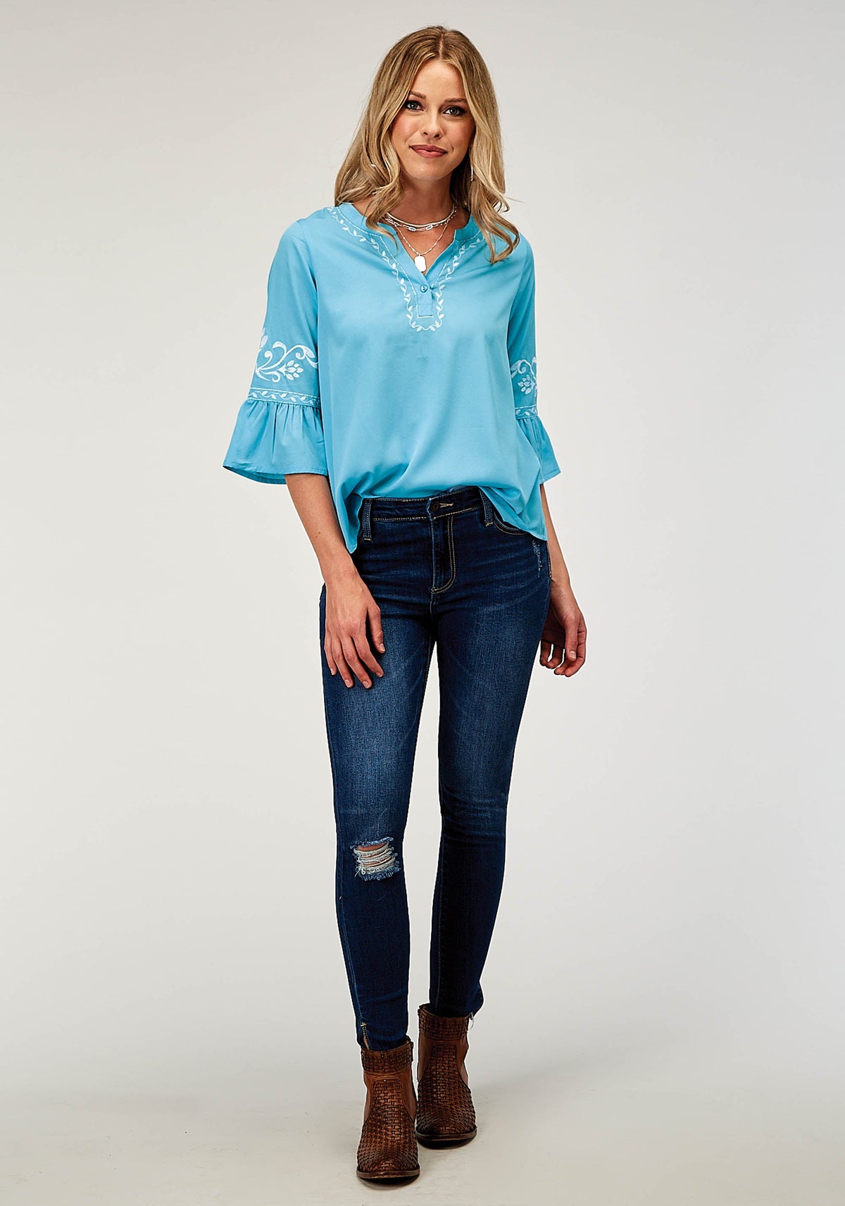 Womens Long Sleeve Pullover Poly Crepe Peasant Western Blouse With Split V