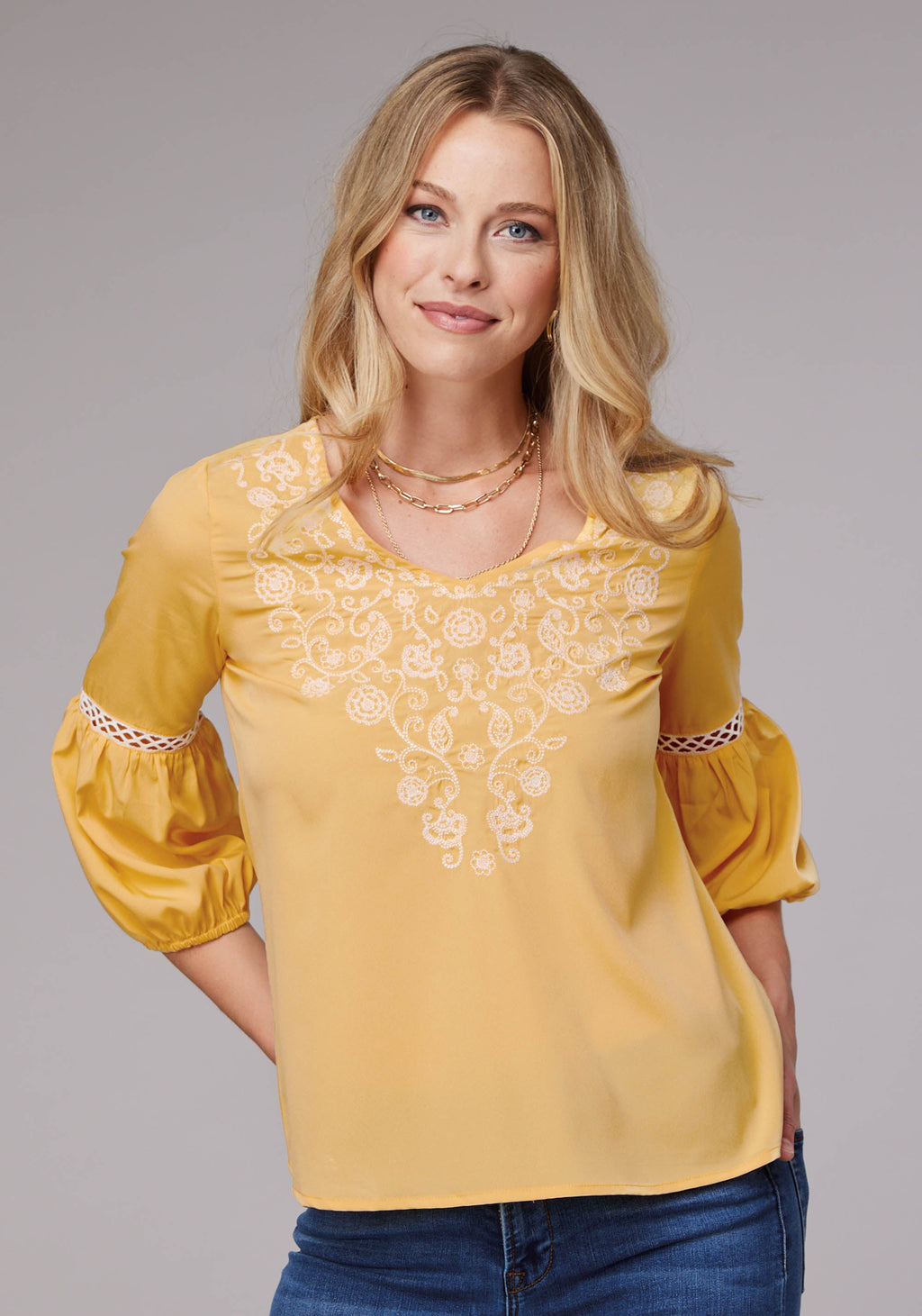 Womens Long Sleeve Pullover Solid Poly Crepe Peasant Western Blouse With Em