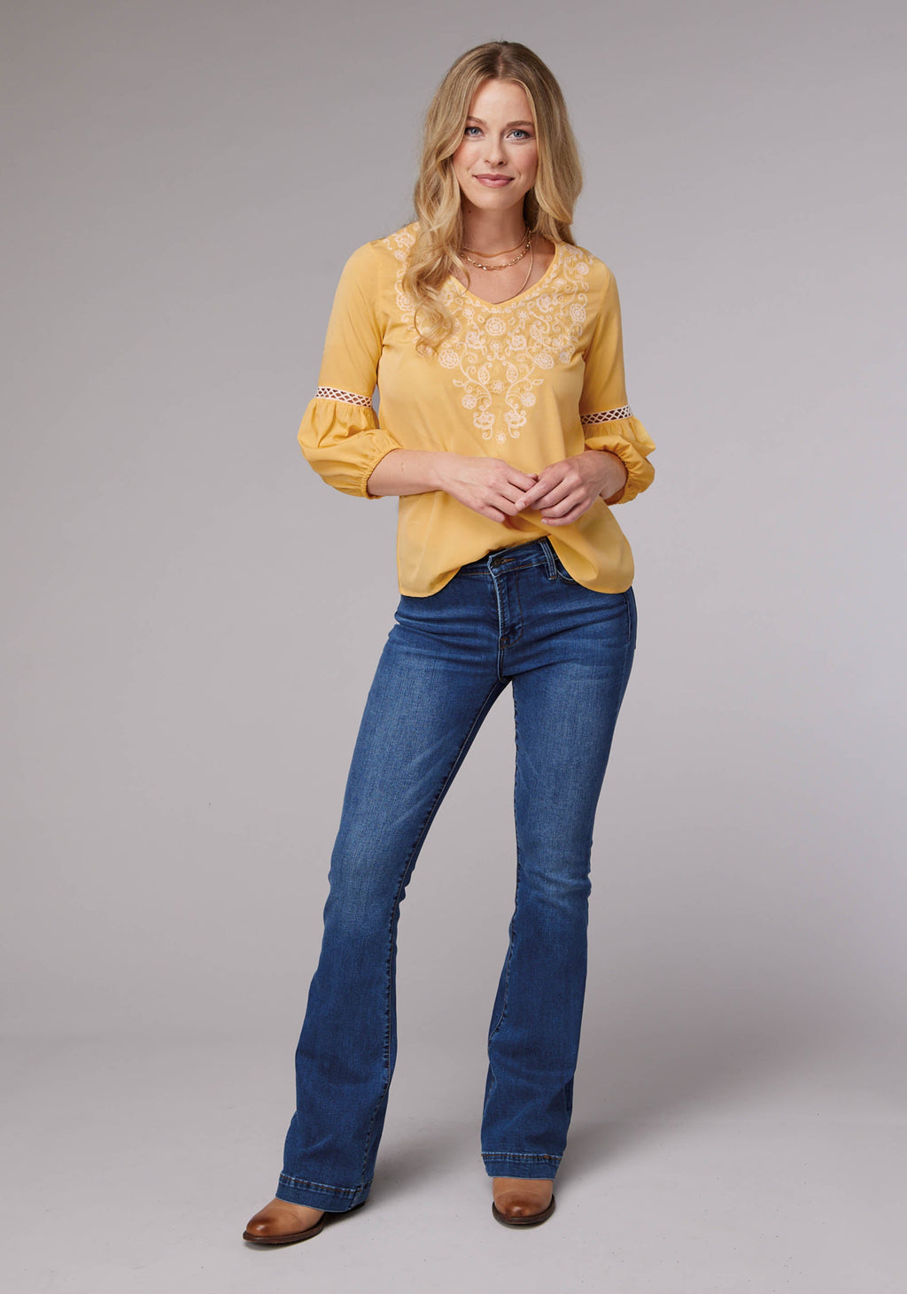 Womens Long Sleeve Pullover Solid Poly Crepe Peasant Western Blouse With Em