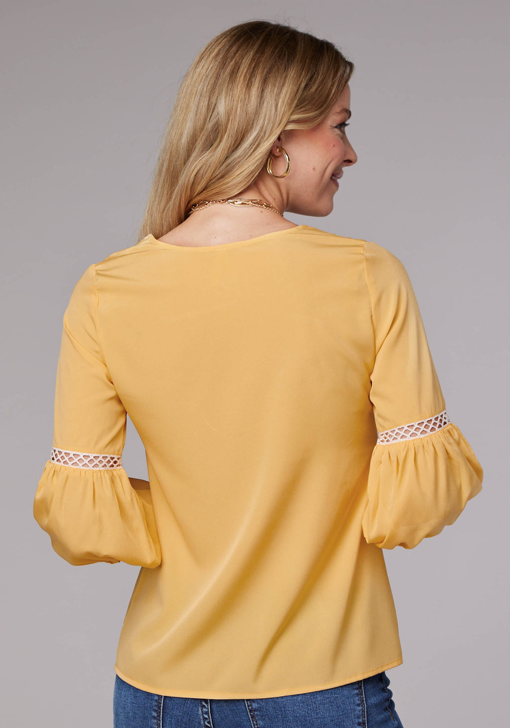 Womens Long Sleeve Pullover Solid Poly Crepe Peasant Western Blouse With Em
