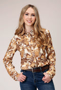 Womens Long Sleeve Snap Collage Print Western Blouse With Curved Front And