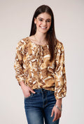 Womens Three Quarter Raglan Sleeve Pullover Collage Print Western Shirt Wit