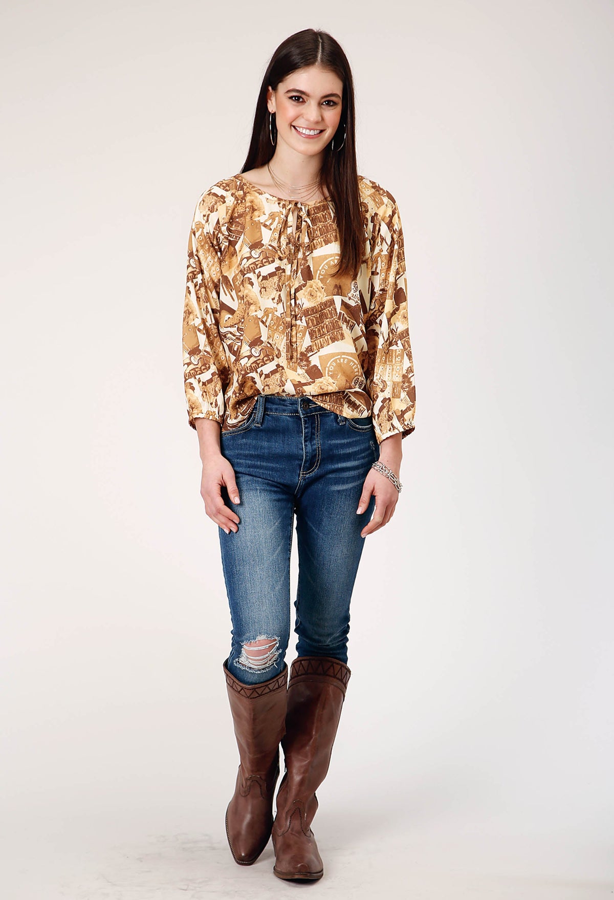 Womens Three Quarter Raglan Sleeve Pullover Collage Print Western Shirt Wit