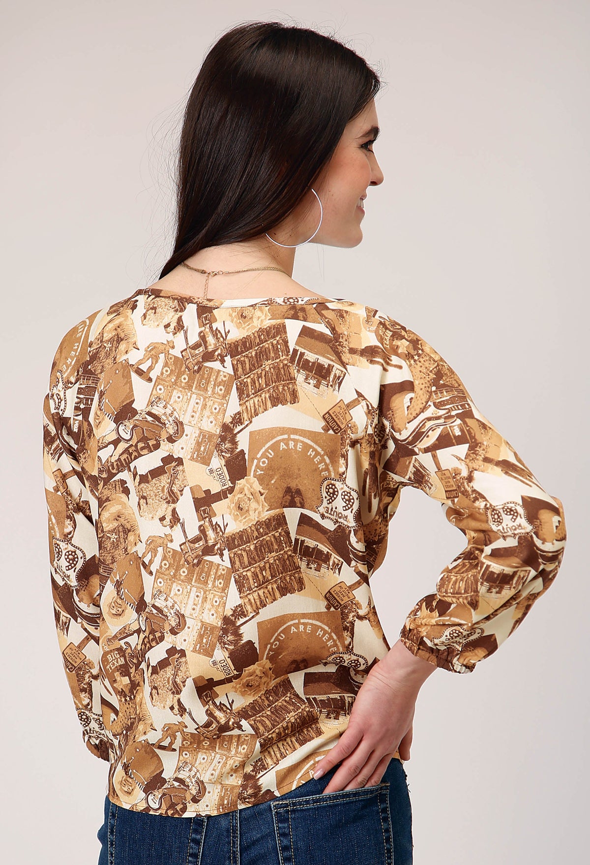 Womens Three Quarter Raglan Sleeve Pullover Collage Print Western Shirt Wit