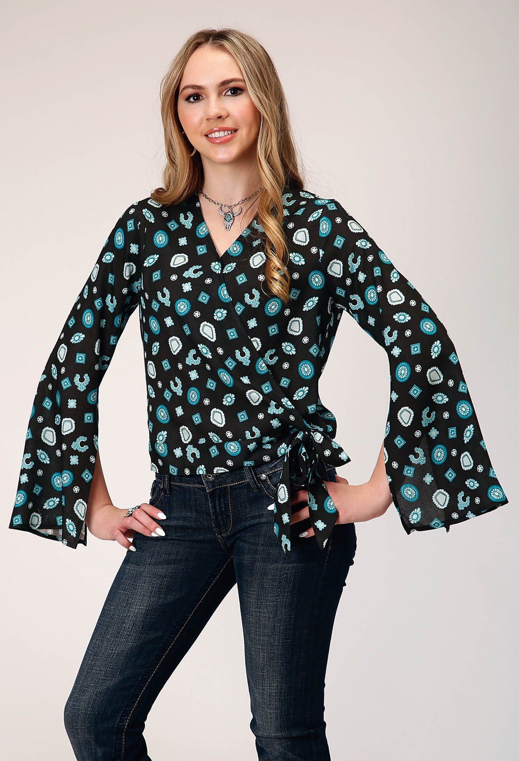 Womens Long Sleeve Pullover Jewelry Print Rayon Wrap Western Blouse With Be