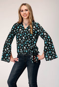 Womens Long Sleeve Pullover Jewelry Print Rayon Wrap Western Blouse With Be