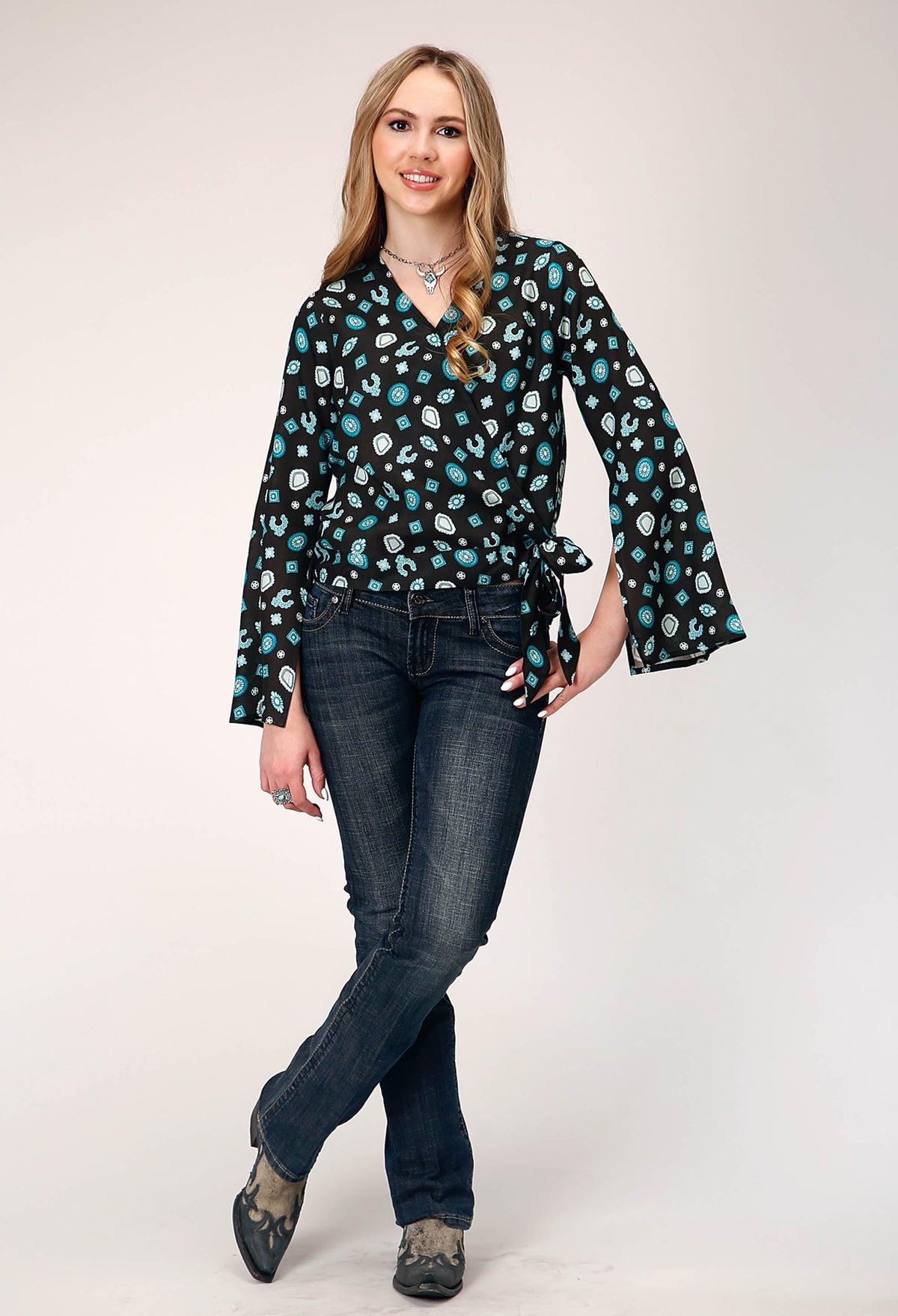 Womens Long Sleeve Pullover Jewelry Print Rayon Wrap Western Blouse With Be