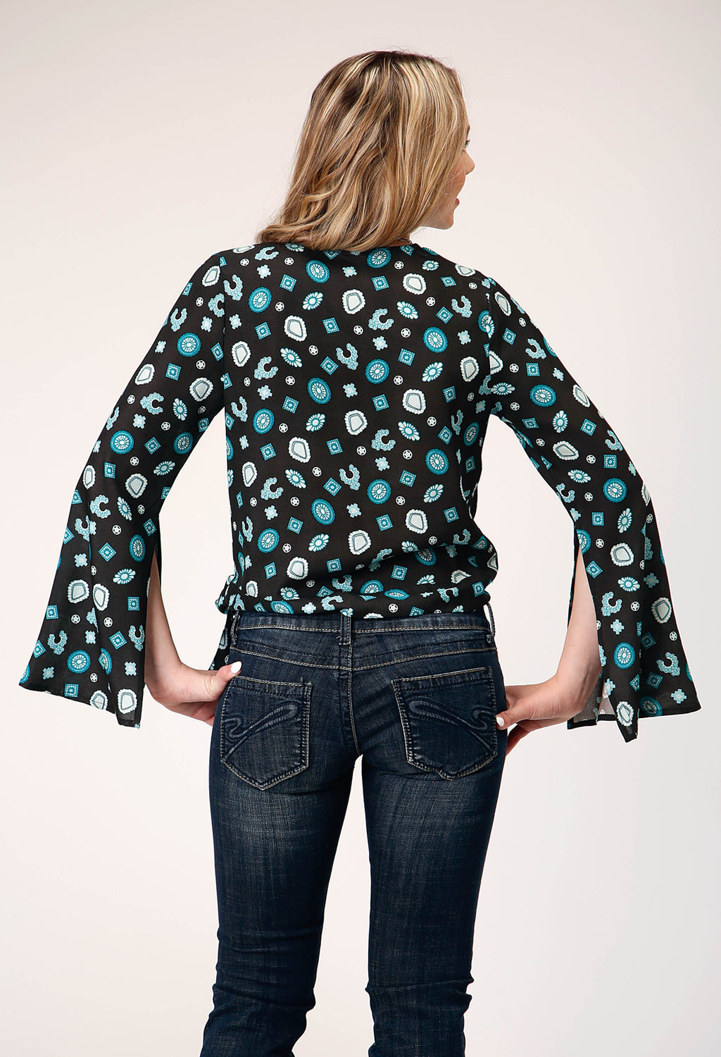 Womens Long Sleeve Pullover Jewelry Print Rayon Wrap Western Blouse With Be