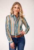 Womens Long Sleeve Button Watercolor Stripe Print Western Shirt With Tab An