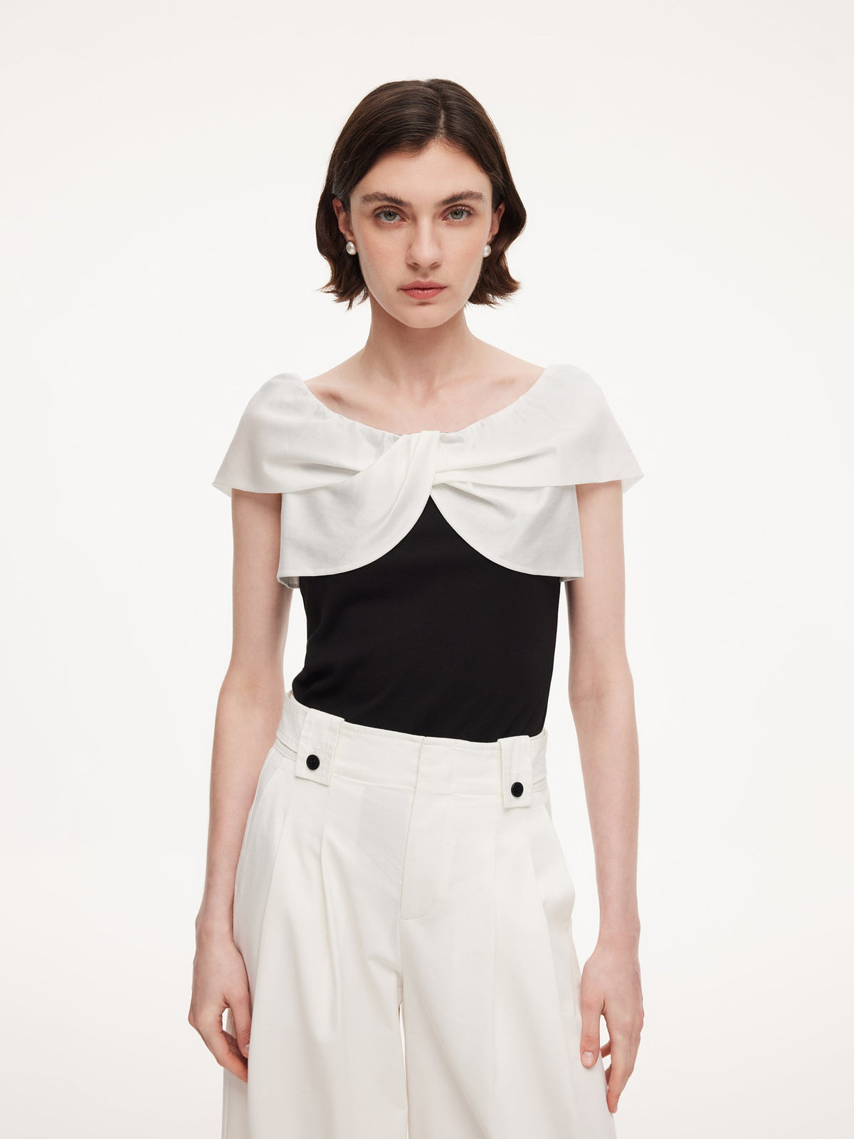 Tencel Blend Patchwork Bow Neck Women Knit Top