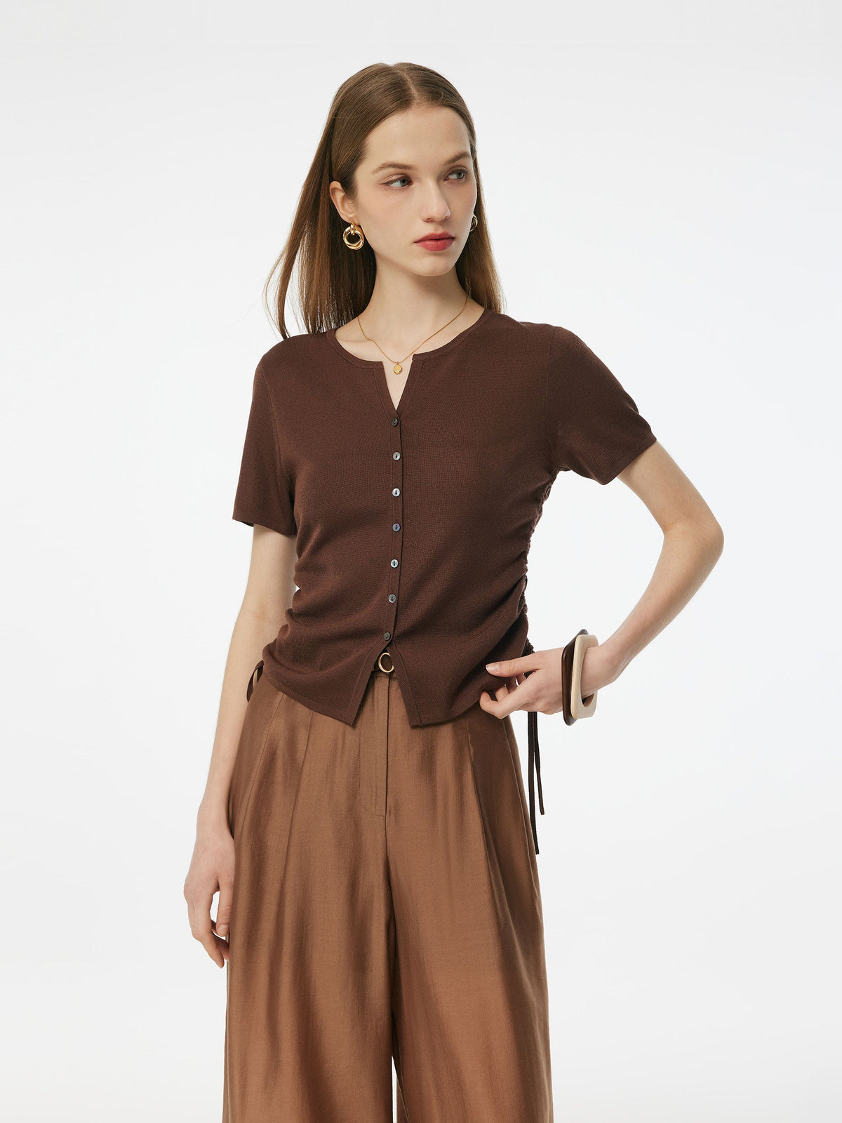Acetate Tencel Blend Side Drawstring Women Knit Top