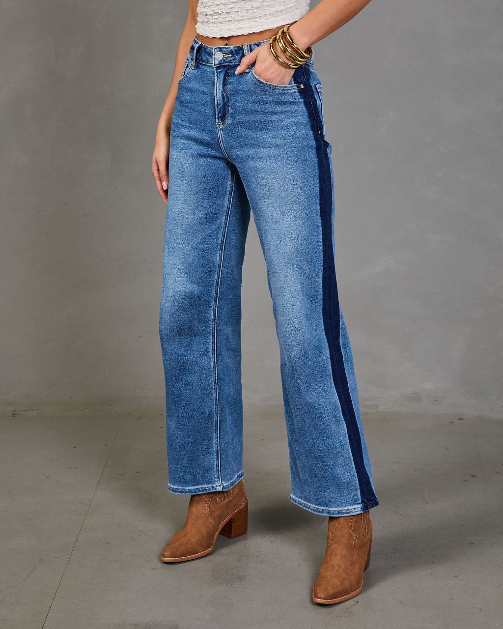 Orlena Stretch Two Tone Straight Leg Mid Rise Jeans