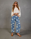 Daisy Ridge Barrel Leg Mid Rise Floral Jeans