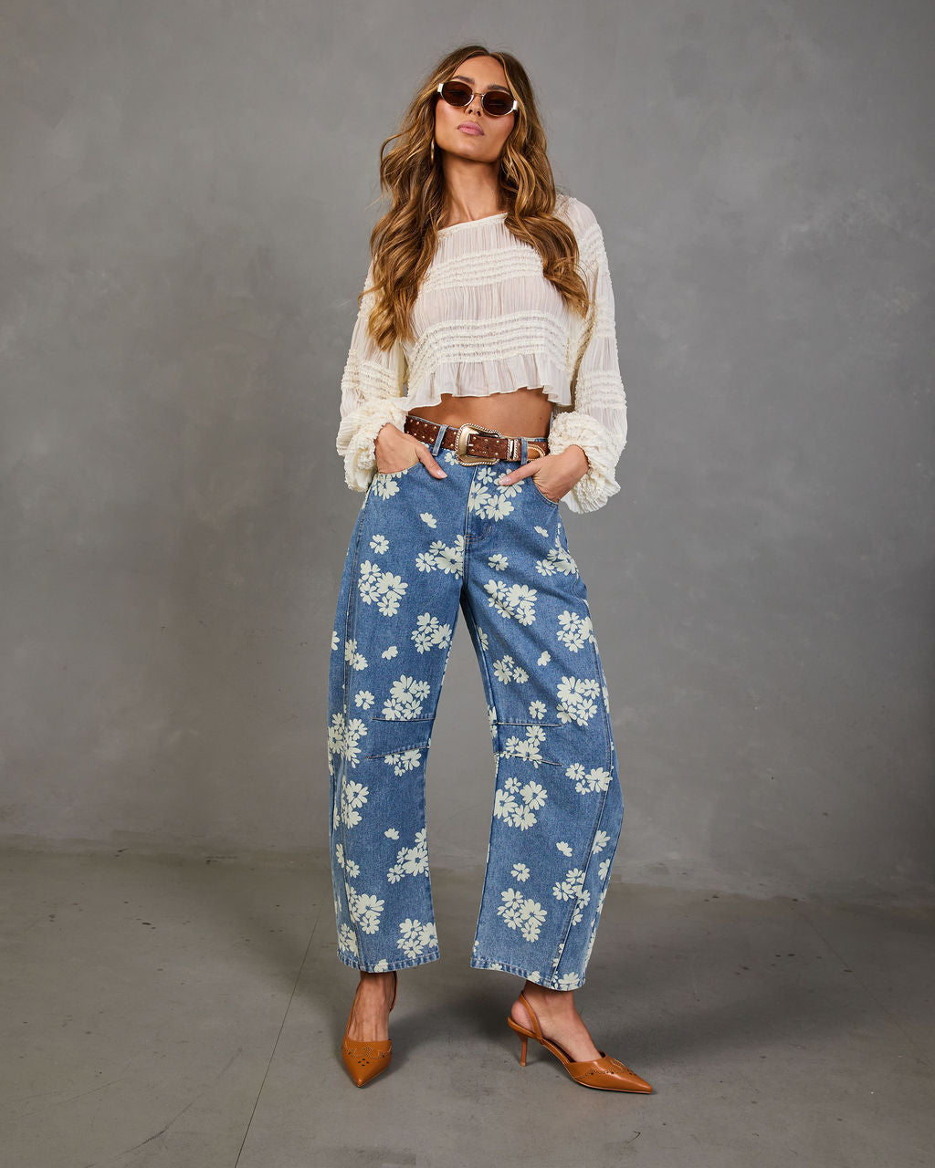 Daisy Ridge Barrel Leg Mid Rise Floral Jeans