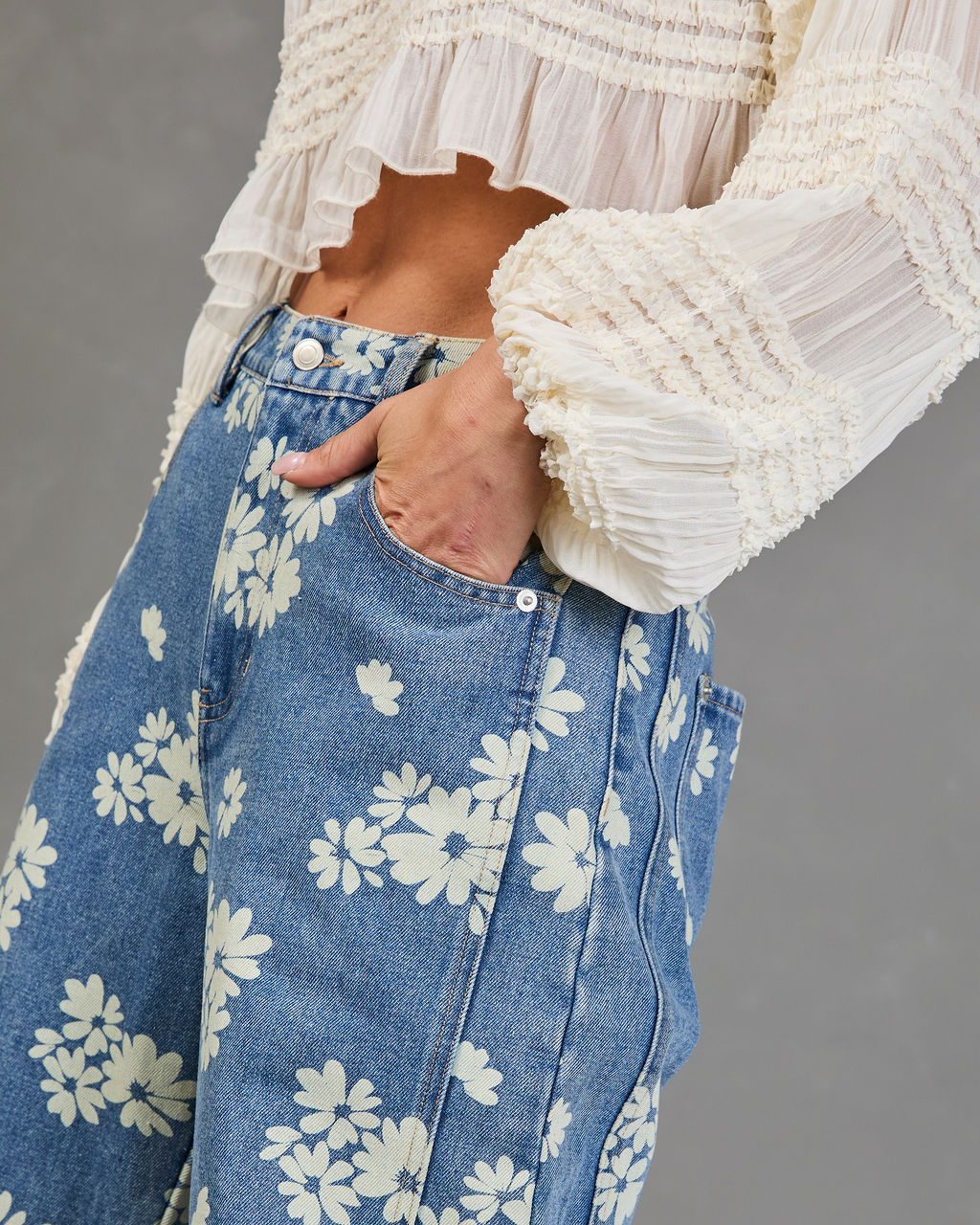 Daisy Ridge Barrel Leg Mid Rise Floral Jeans