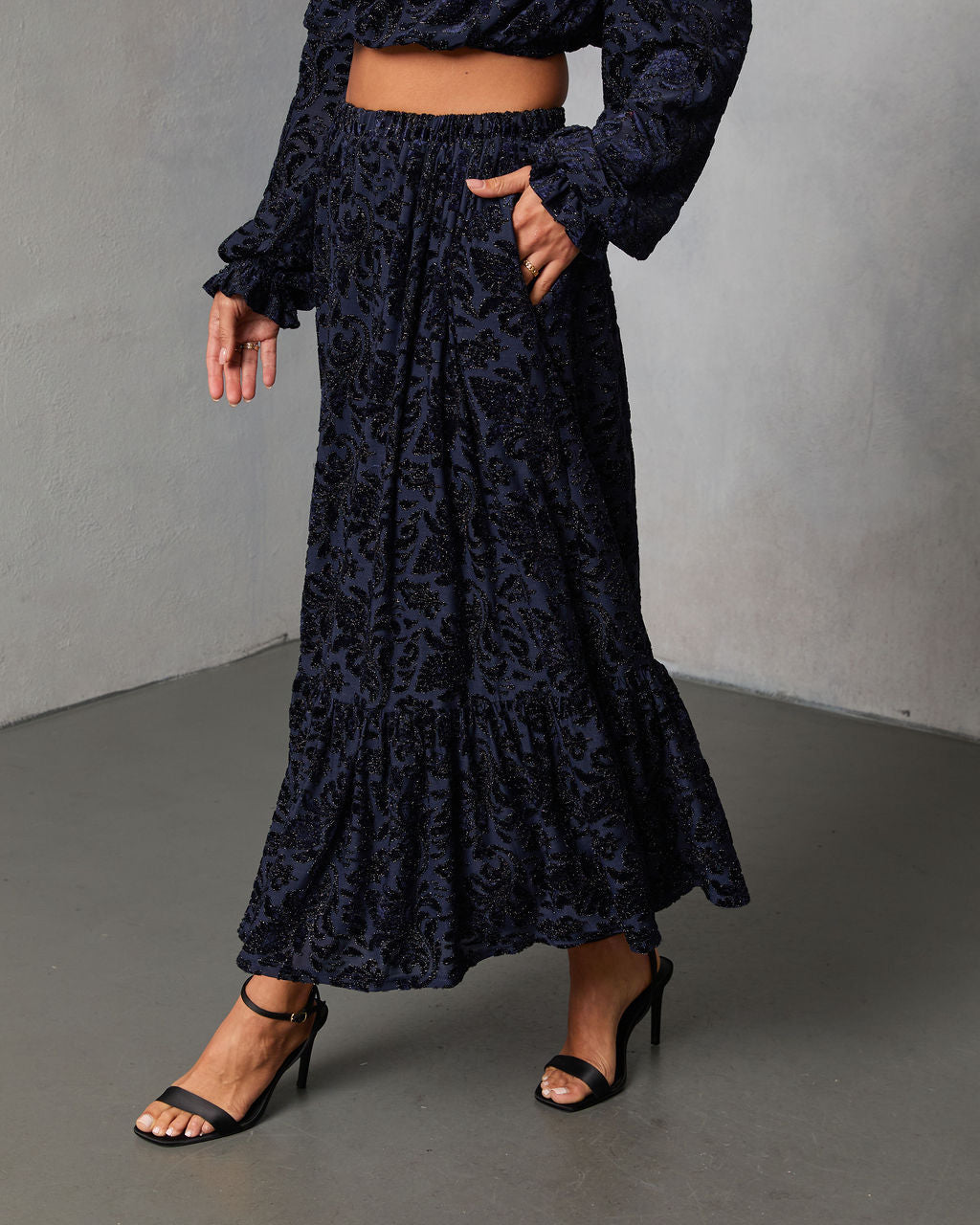 Miriza Flocked Mesh Velvet Midi Skirt