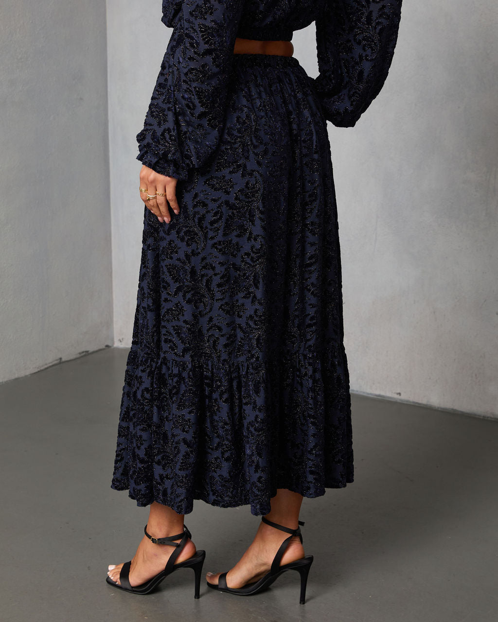 Miriza Flocked Mesh Velvet Midi Skirt