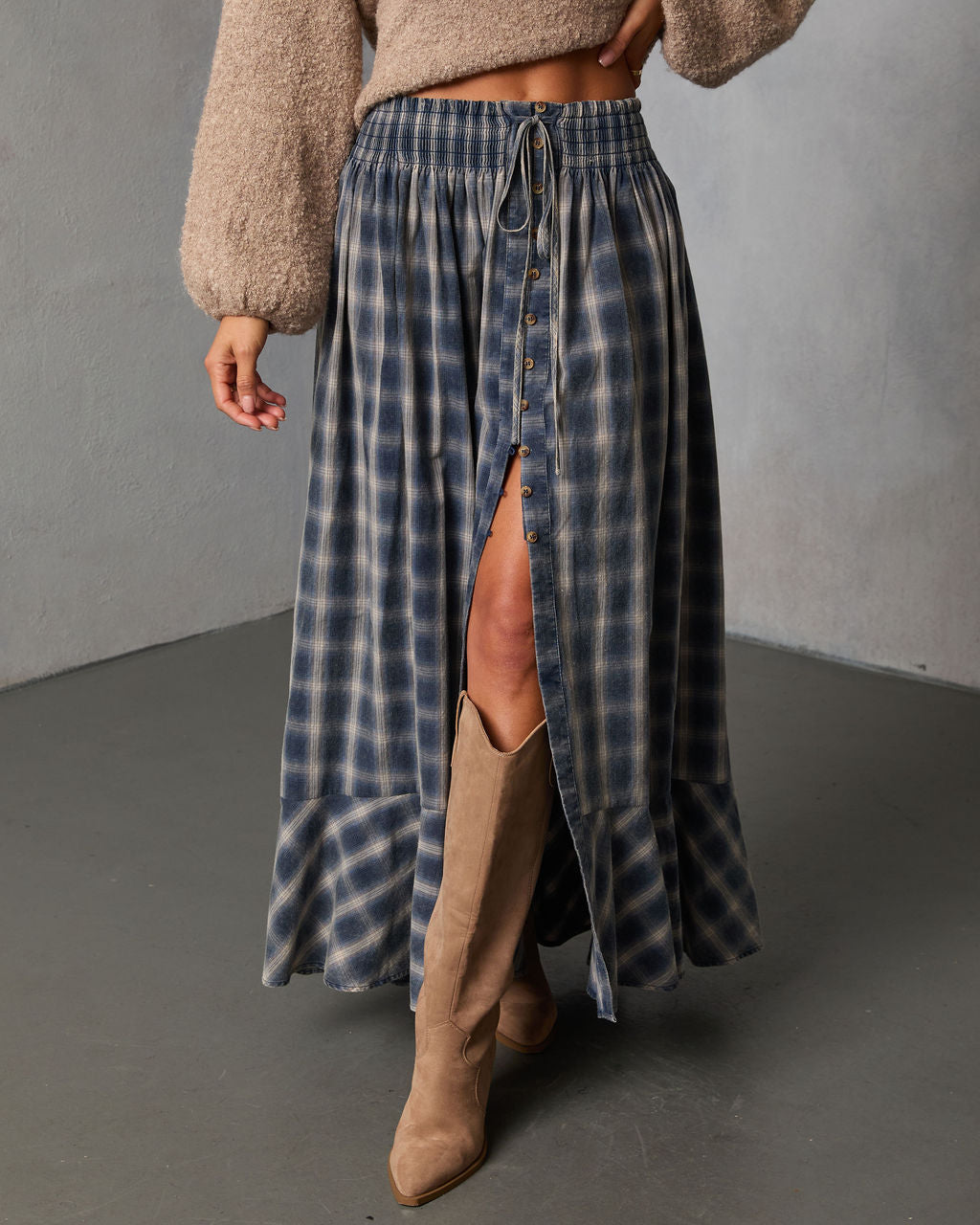Gesibella Ruffle Hem Plaid Maxi Skirt