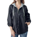 Risen Women's Long Sleeve Coated Jacket with Zip Up Hoodie - Black