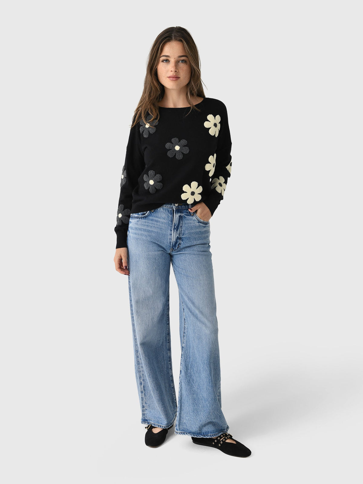 Eche Women's Two Tone Flower Crew Sweater