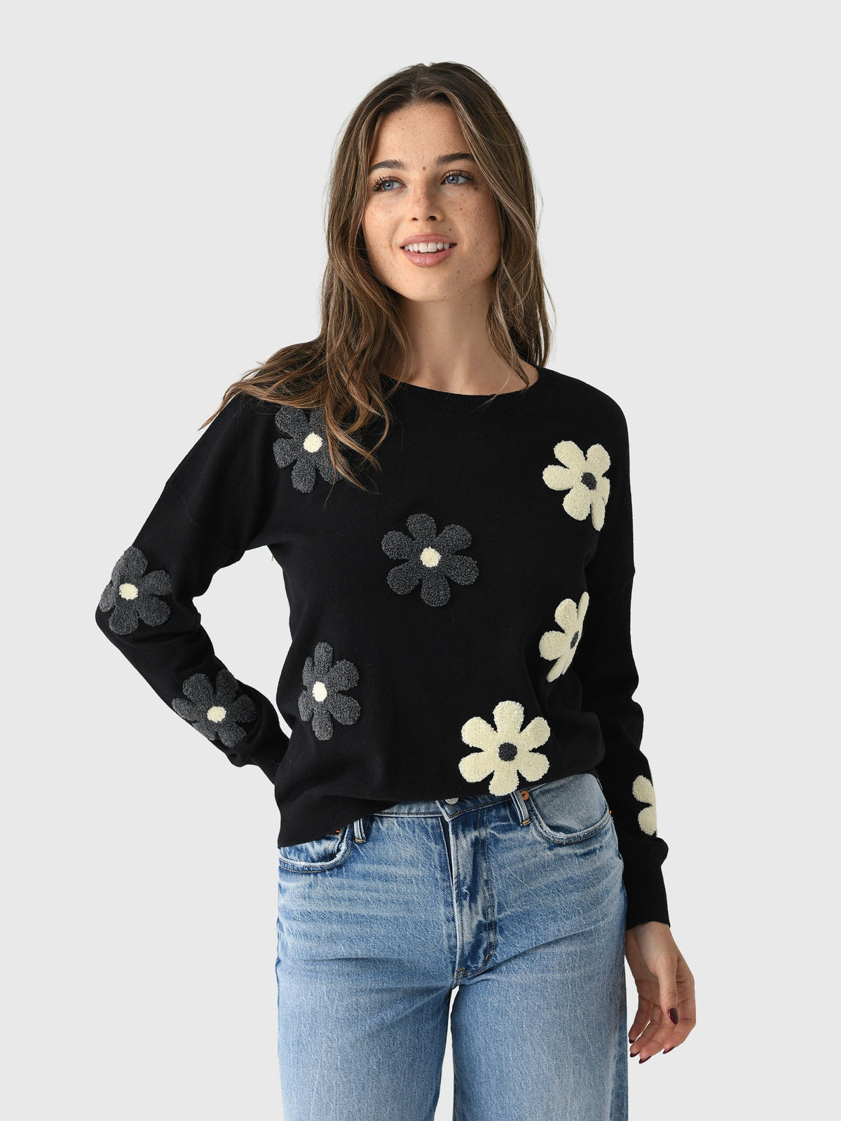 Eche Women's Two Tone Flower Crew Sweater