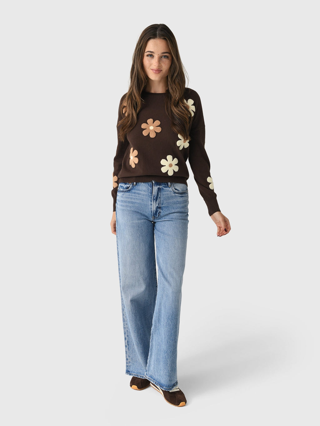 Eche Women's Two Tone Flower Crew Sweater