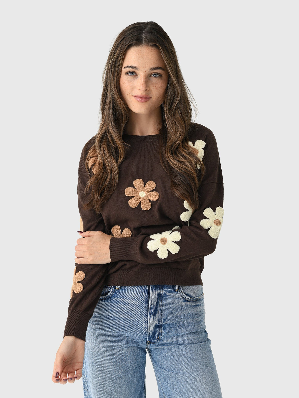 Eche Women's Two Tone Flower Crew Sweater