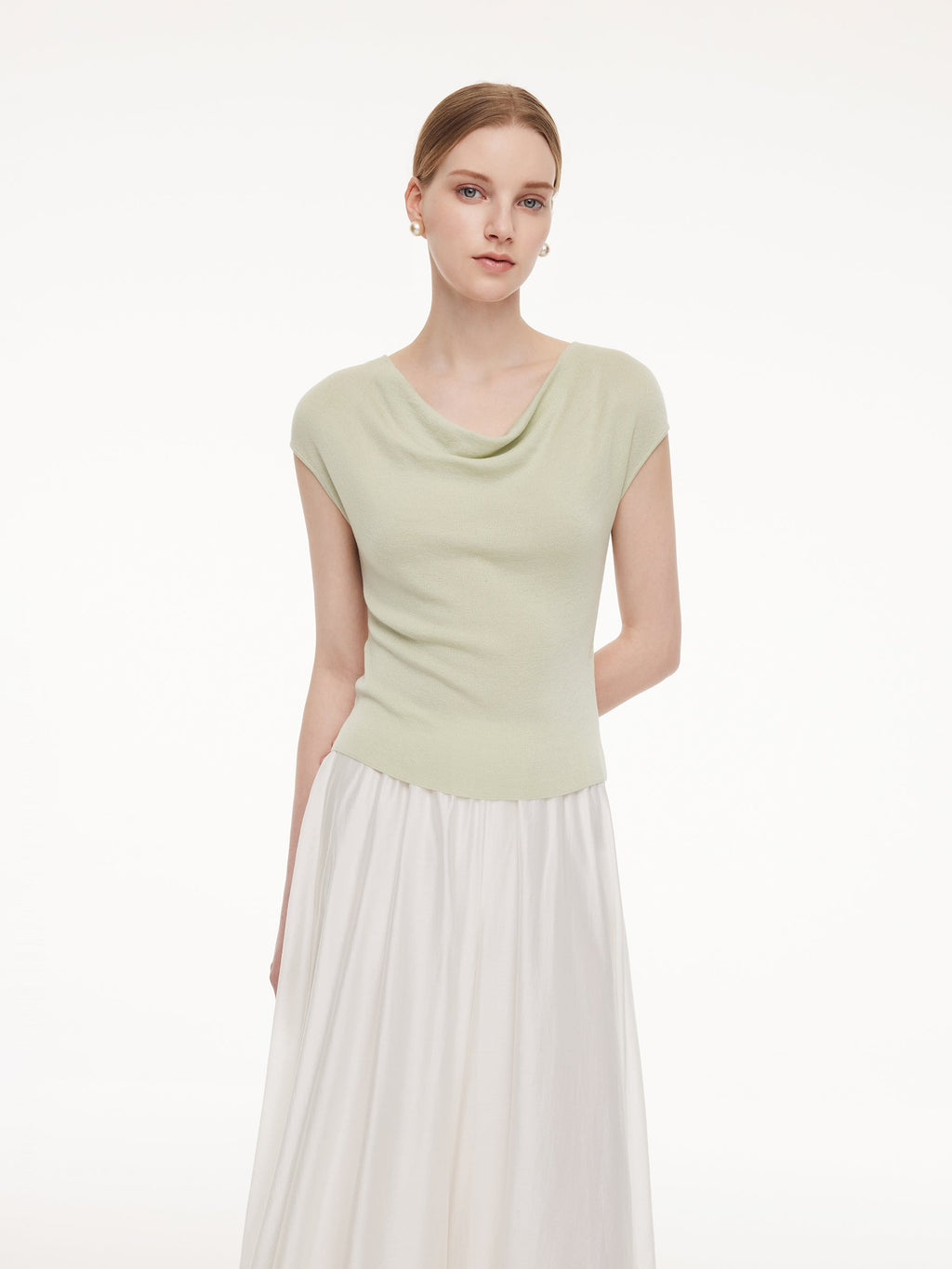 Tencel Mulberry Silk Cowl Neck Women Cap Sleeve Knit Top