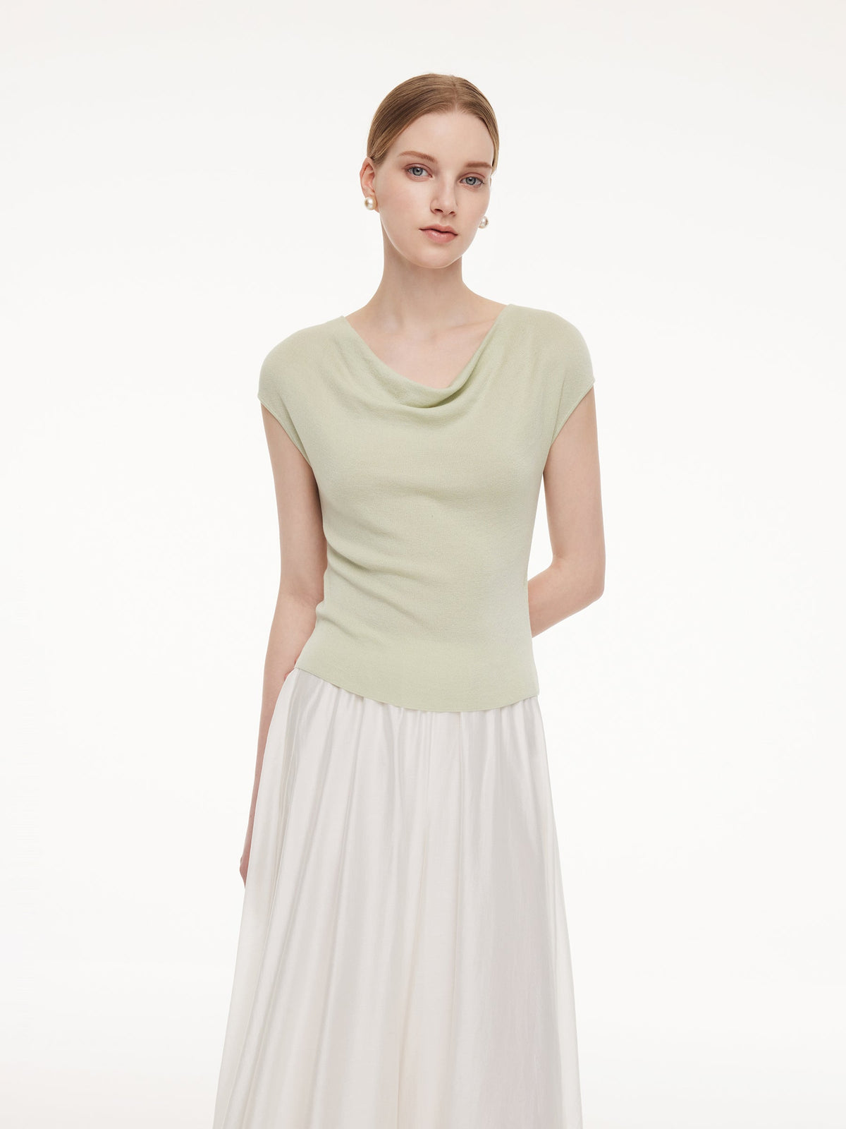 Tencel Mulberry Silk Cowl Neck Women Cap Sleeve Knit Top