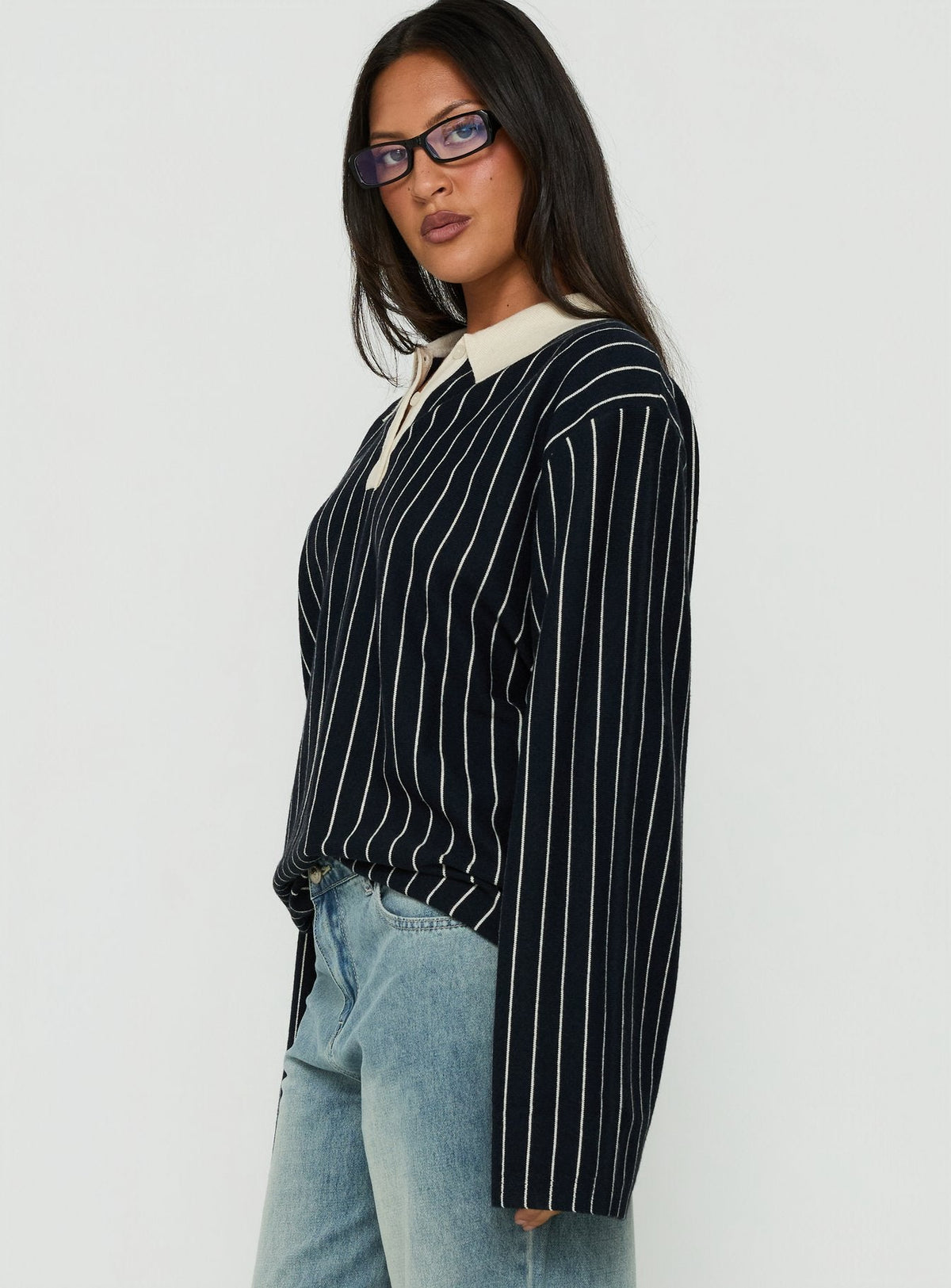 Boarders V Neck Polo Jumper Navy Stripe