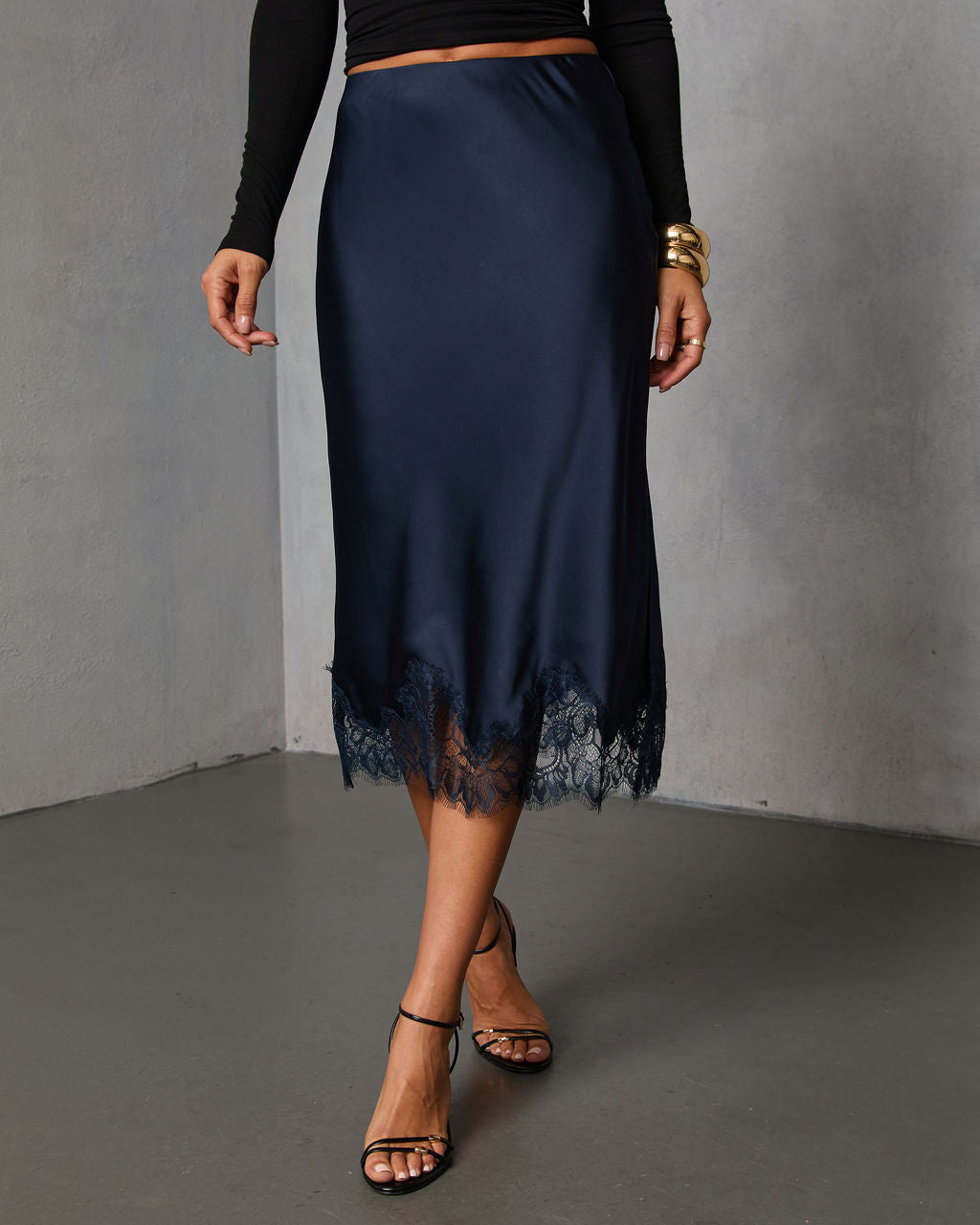Oleandra Satin Lace Trim Midi Skirt
