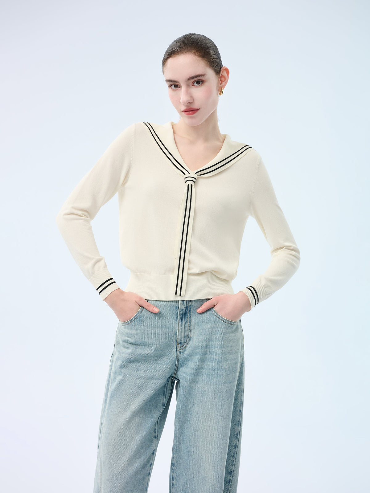 Tencel Blend Sailor Collar Women Knit Top