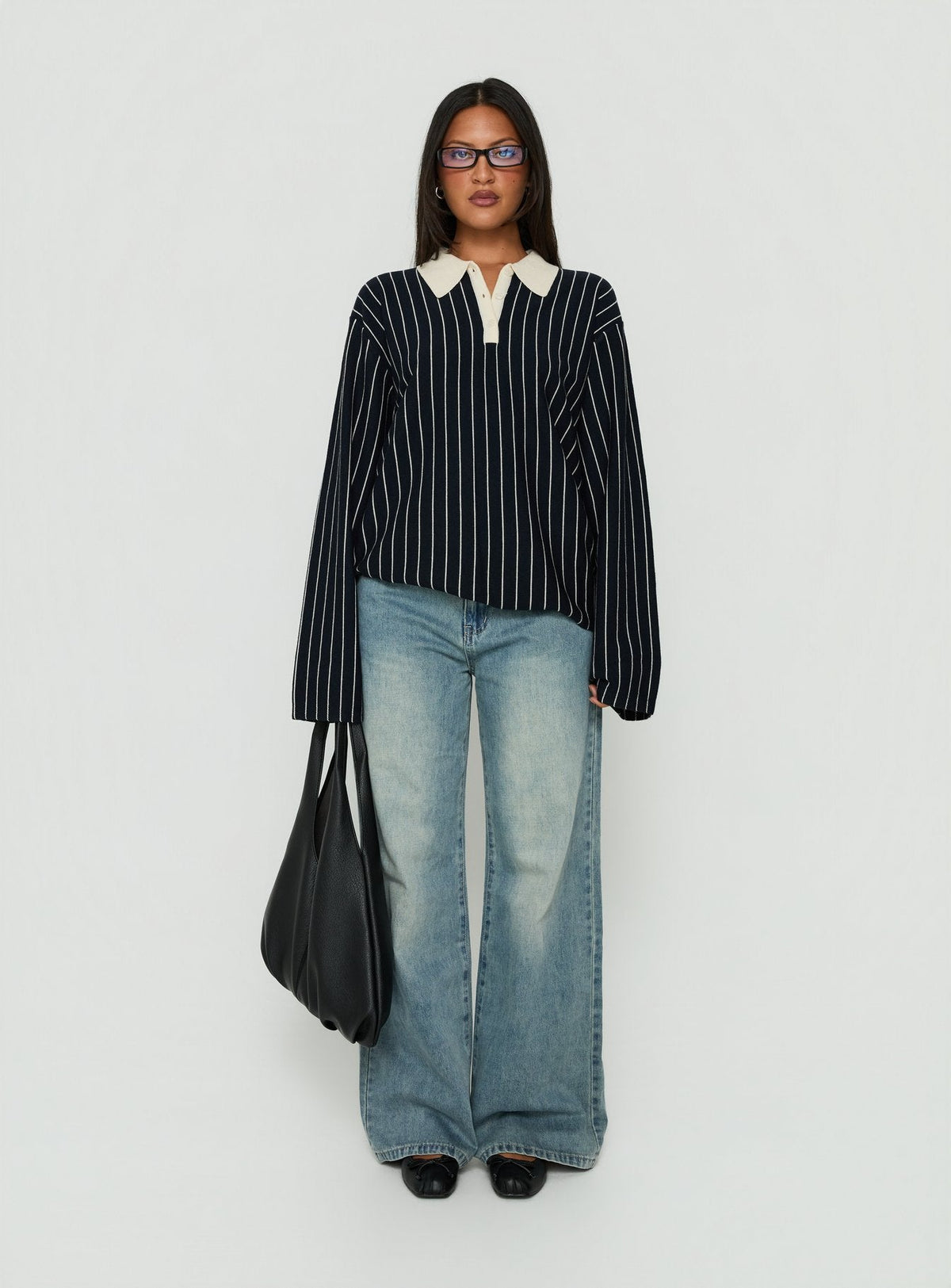 Boarders V Neck Polo Jumper Navy Stripe