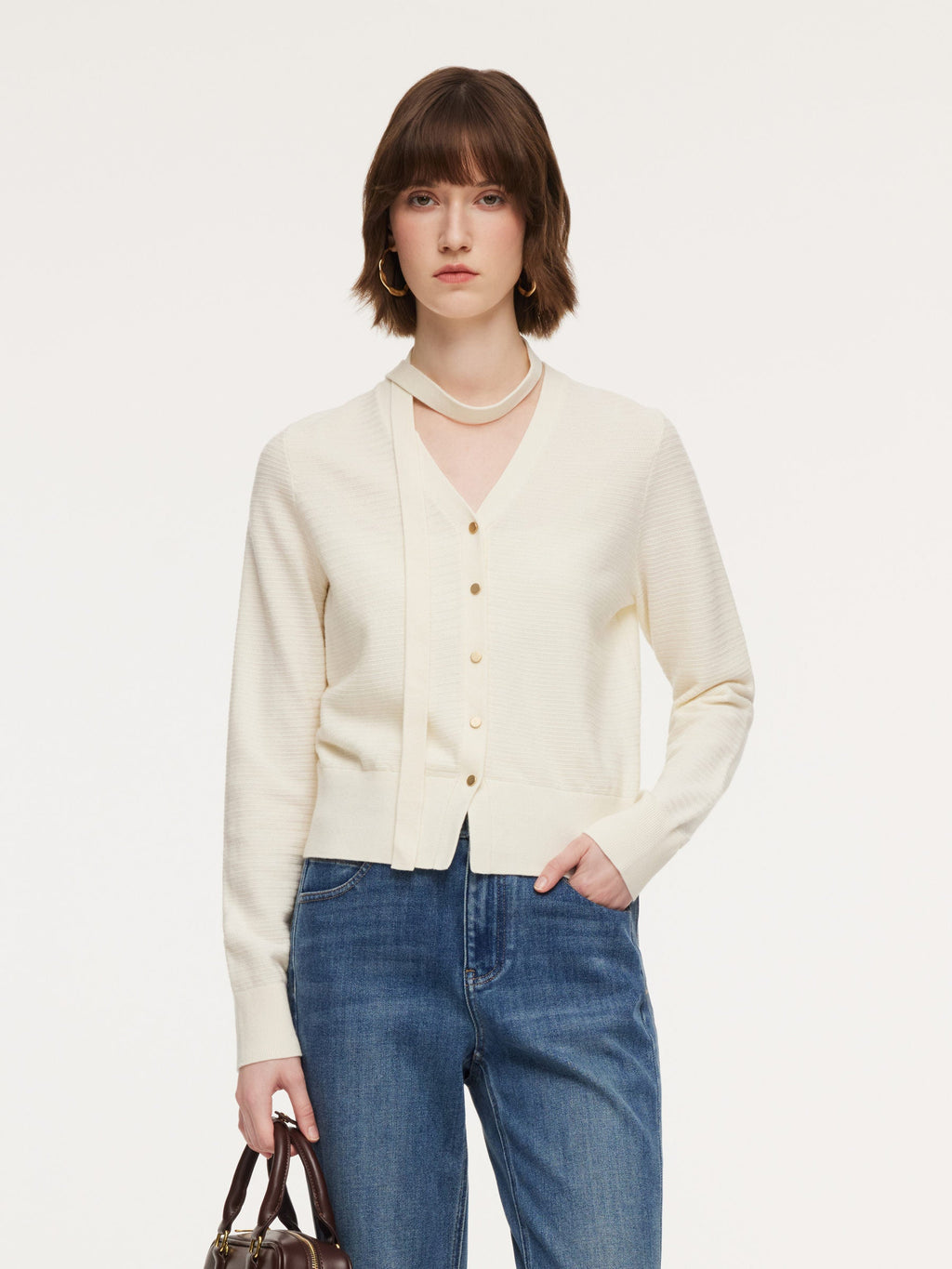 Tencel Wool Blend V-Neck Women Cardigan With Detachable Ribbon