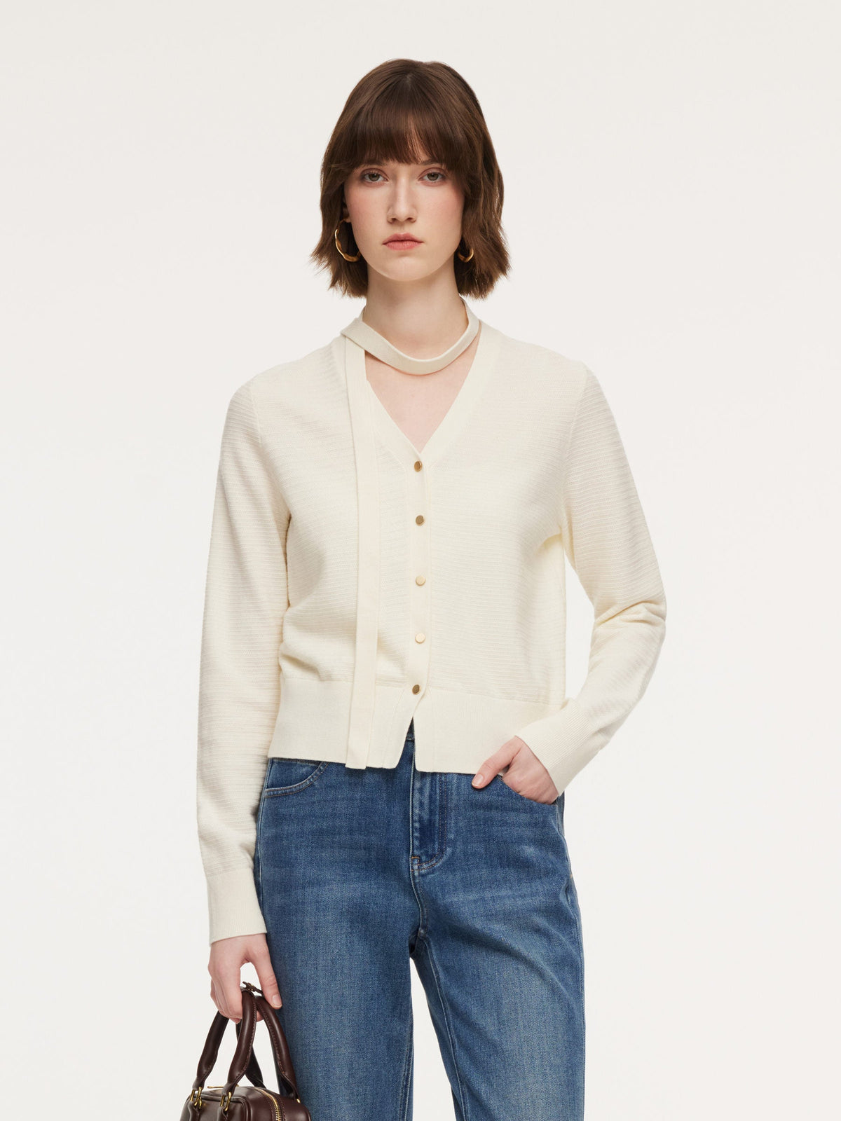 Tencel Wool Blend V-Neck Women Cardigan With Detachable Ribbon