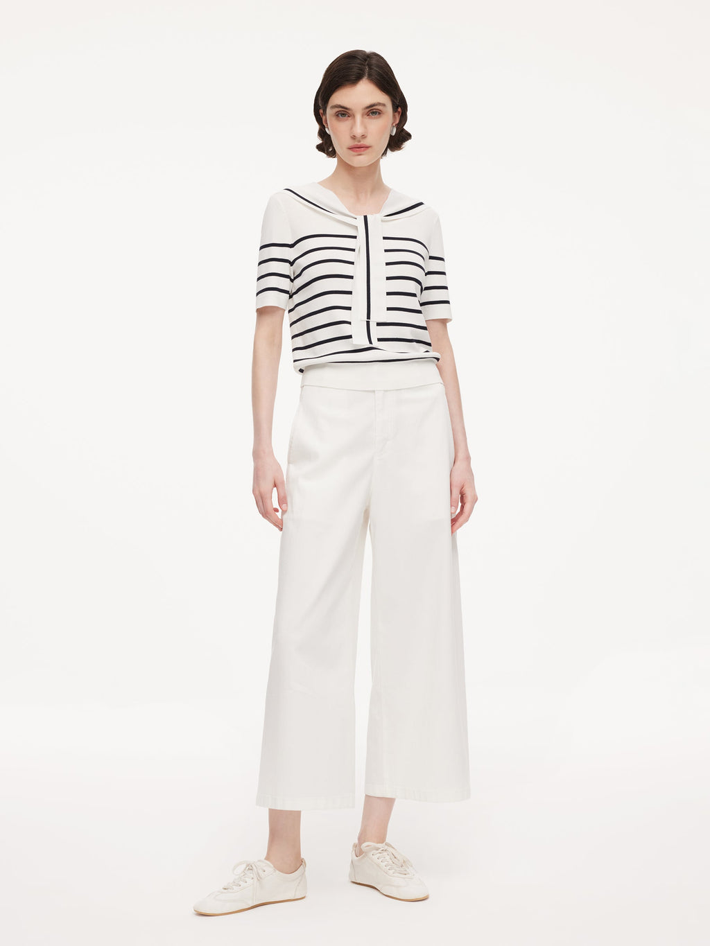 Lyocell Blend Stripe Women Knit Top With Detachable Sailor Collar