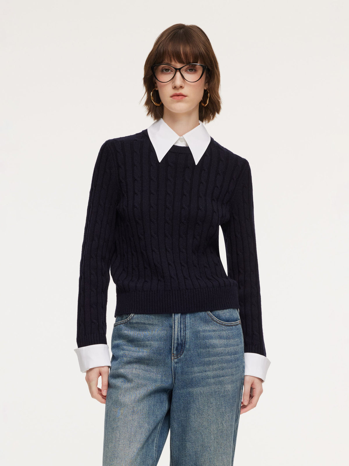 Wool Blend Cable Knit Women Sweater With Detachable Collar And Cuffs