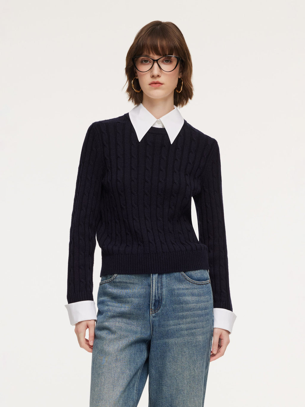 Wool Blend Cable Knit Women Sweater With Detachable Collar And Cuffs