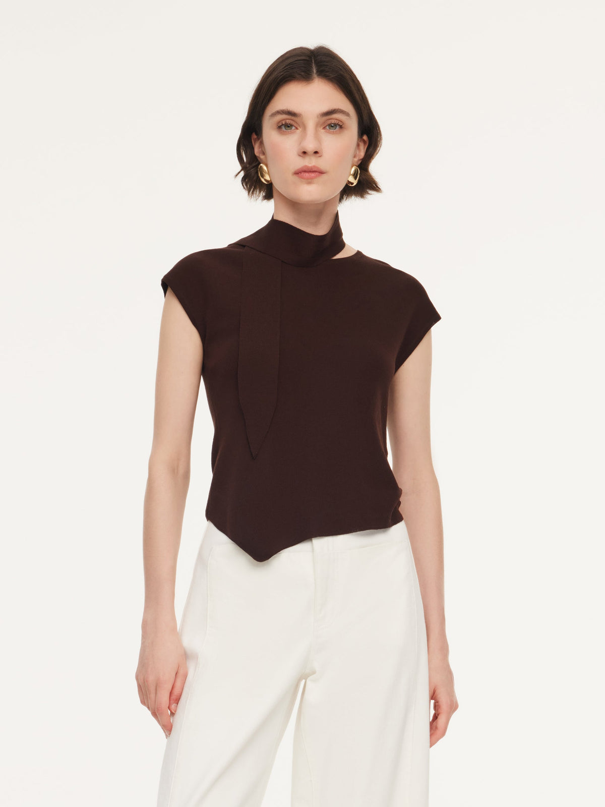 Tencel Blend Asymmetrical Hem Women Knit Top With Ribbon