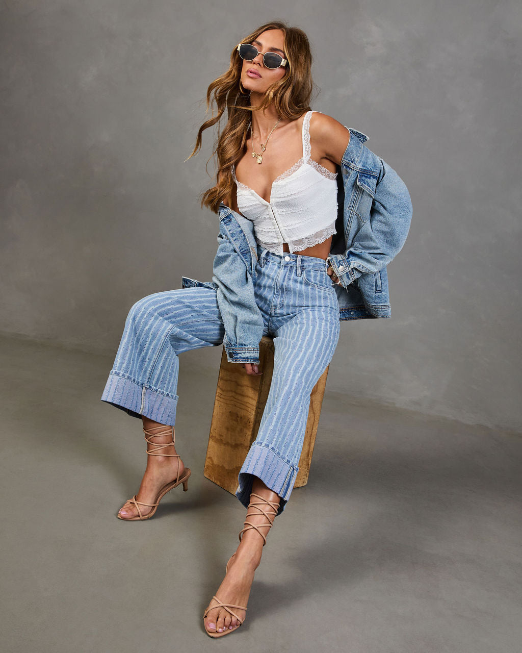 Calyra Stretch Cuffed Wide Leg High Rise Abstract Jeans