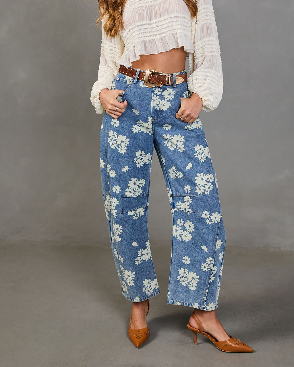 Daisy Ridge Barrel Leg Mid Rise Floral Jeans