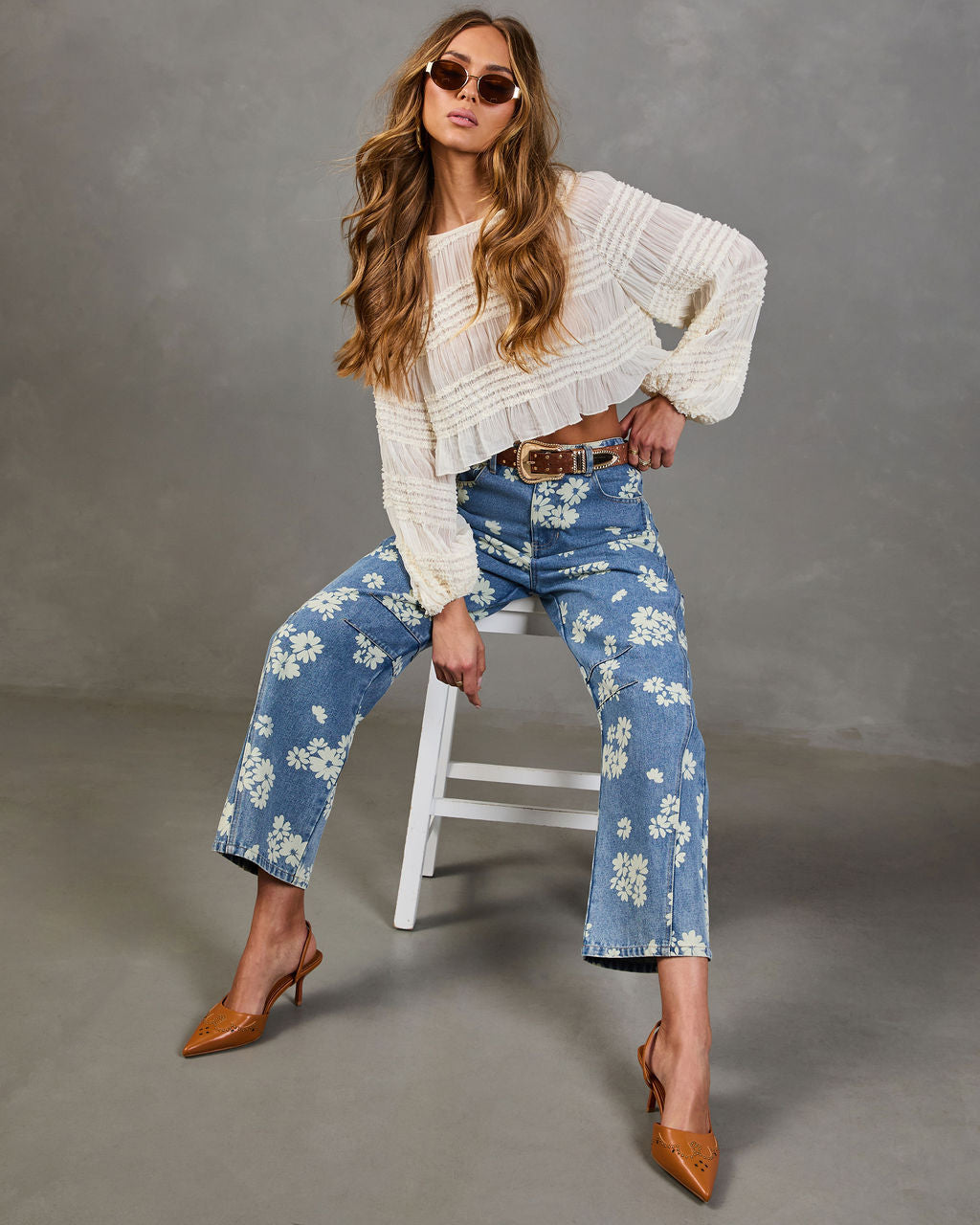 Daisy Ridge Barrel Leg Mid Rise Floral Jeans