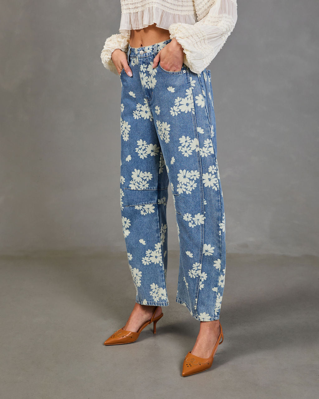 Daisy Ridge Barrel Leg Mid Rise Floral Jeans