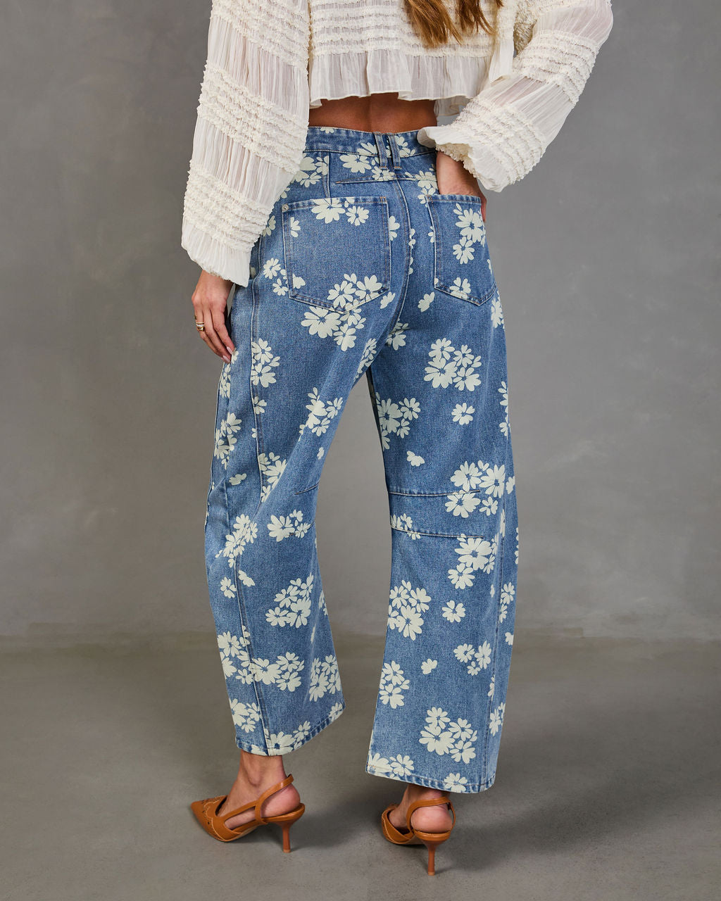 Daisy Ridge Barrel Leg Mid Rise Floral Jeans