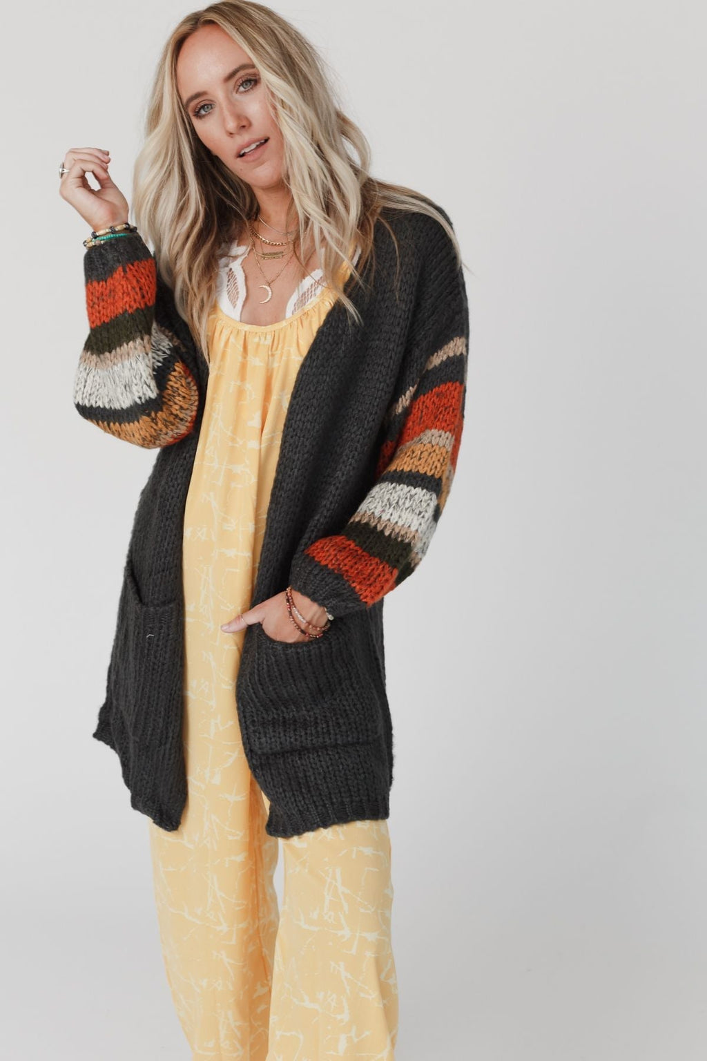 Danny Striped Sleeve Cardigan - Charcoal - Pre Order