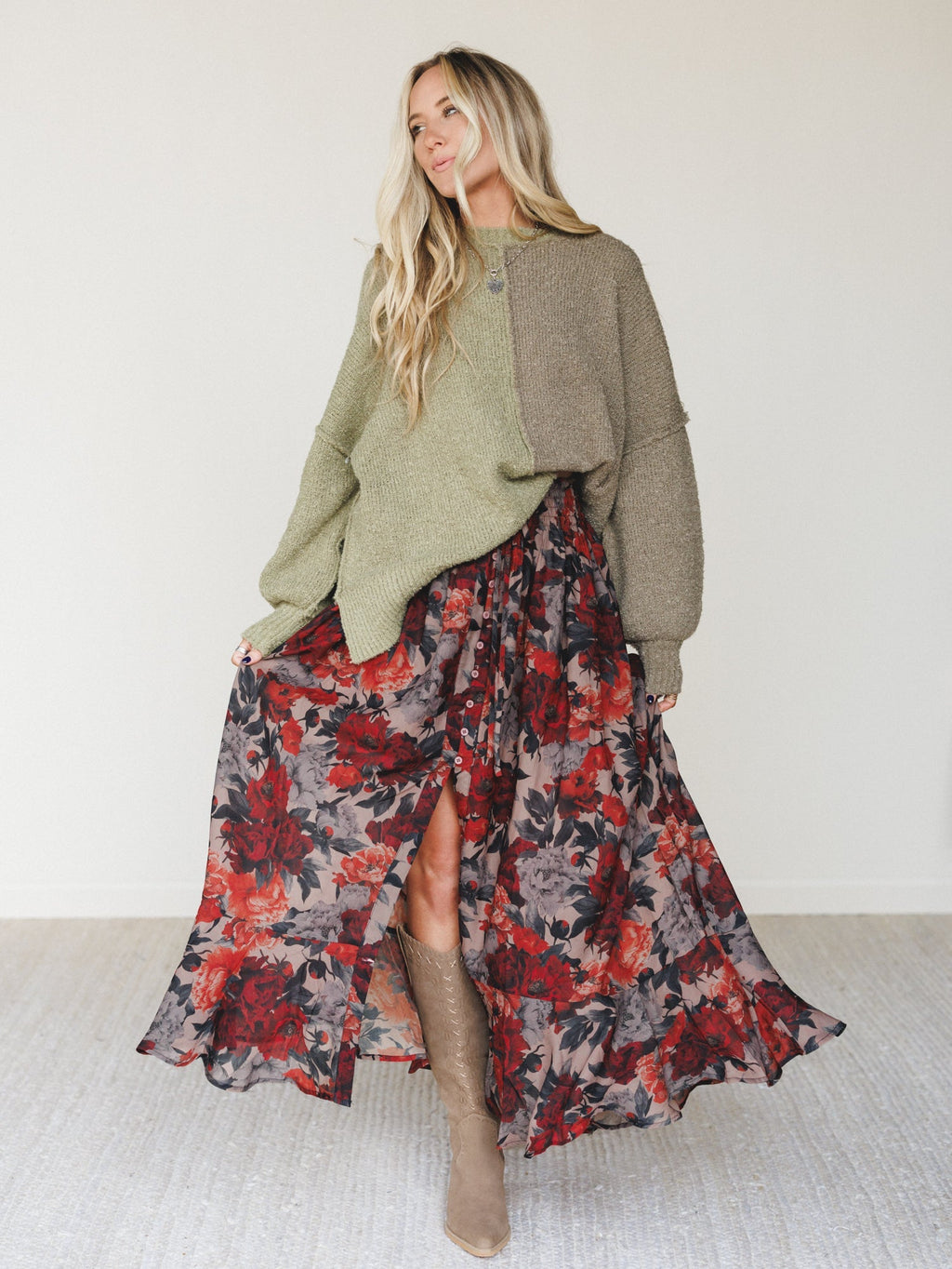 Folk Tale Color Block Sweater - Olive